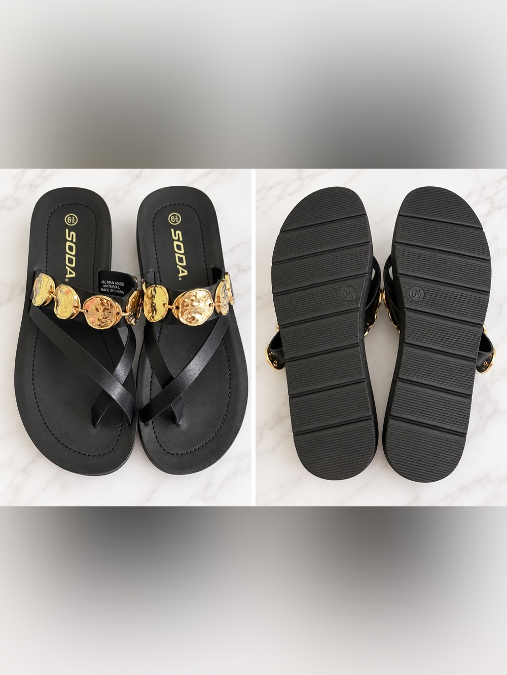 Soda Black Sandals with Gold Coin Accents